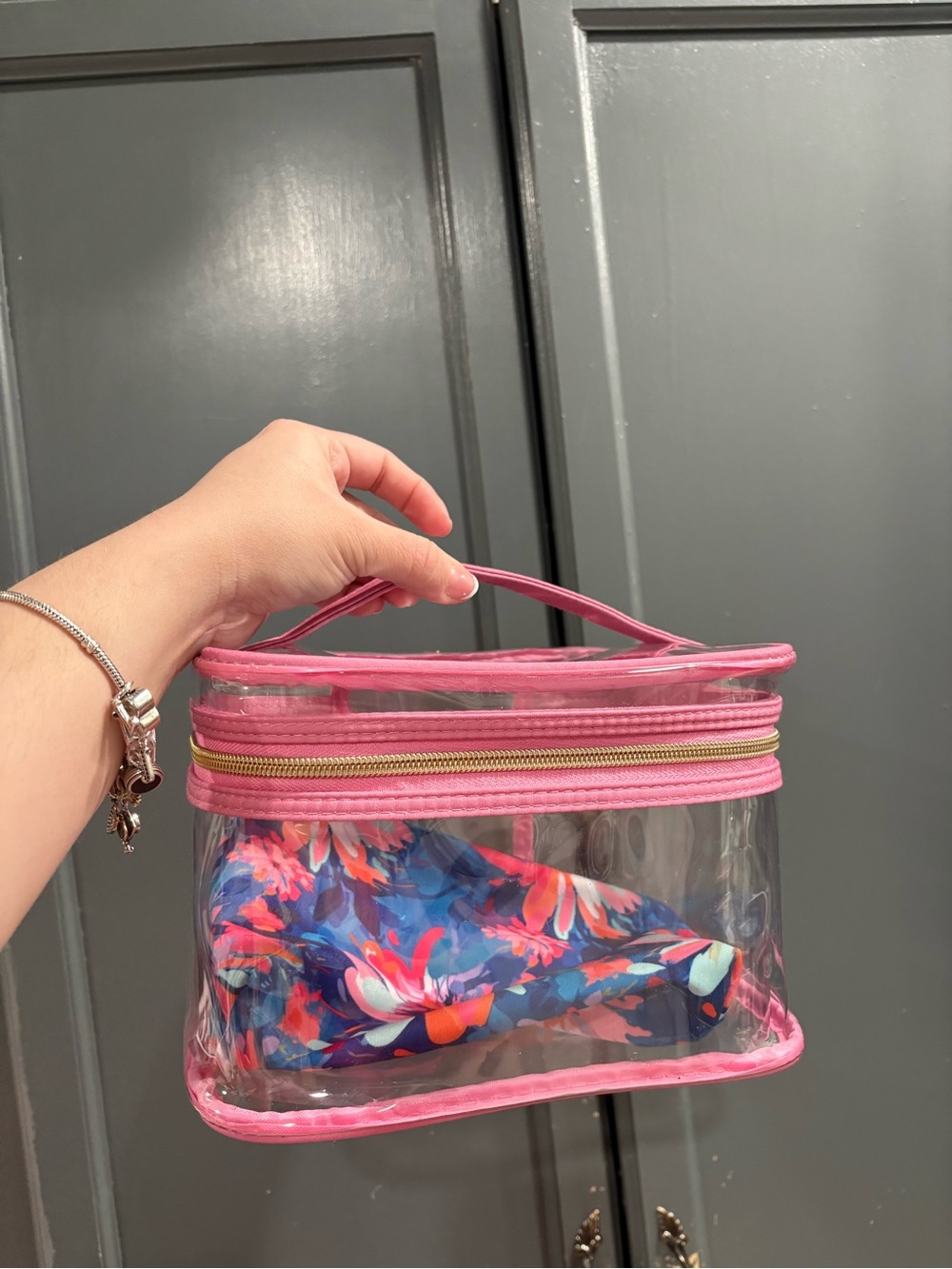 Clear Pink Trim Cosmetic Bag with Floral Inner Pouch